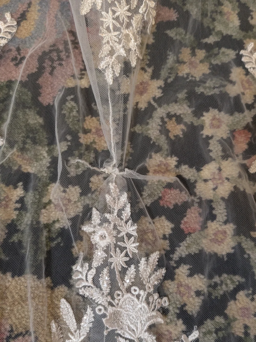 Ivory Beaded Bodice Bridal Overlay with Train and Floral Appliqué - Picture 12 of 12